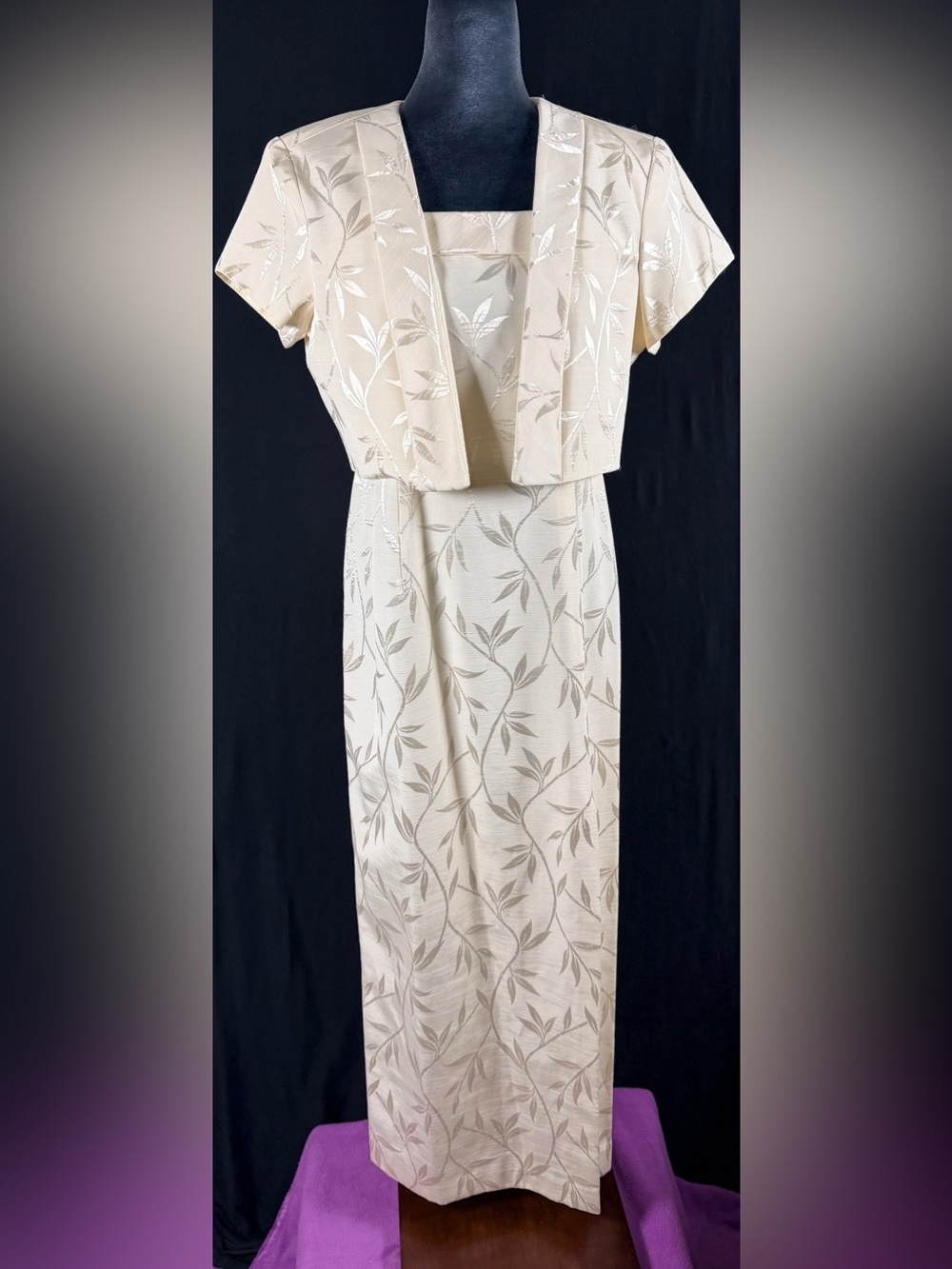 JR Nights Petites Caliendo Ivory Leaf-Print Dress Coordinating Bolero 10P VTG